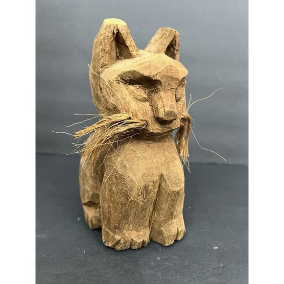 Vintage Rustic Hand Carved Wooden Cat Figurine 7.5" Folk Art Whiskers Primitive - Picture 1 of 10